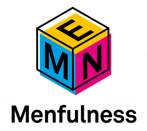 Logo for Menfulness, which shows a cube with the letters M E N on, in blue, yellow and pink.