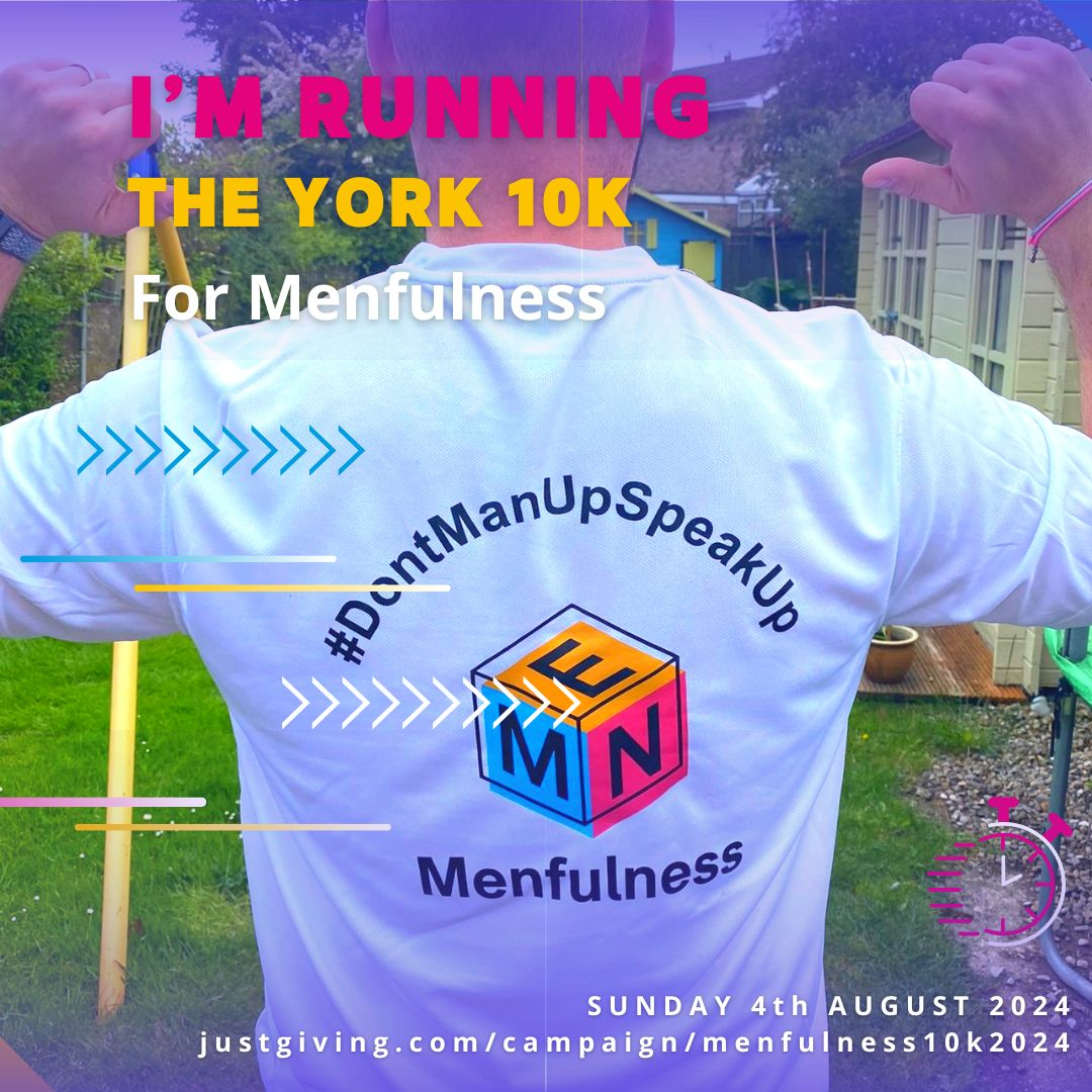 Person wearing a white t-shirt.  On the back, there is a logo for Menfulness charity, and information about the York 10k race.